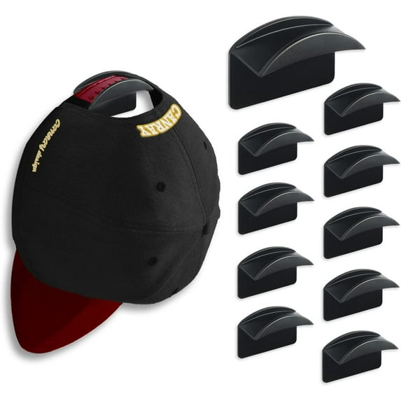 Adhesive Hat Holder for Baseball Caps - Cap Hook for Wall Mount, Hat Rack Organizer | No Drilling | Stick On | 10-Pack (Black)