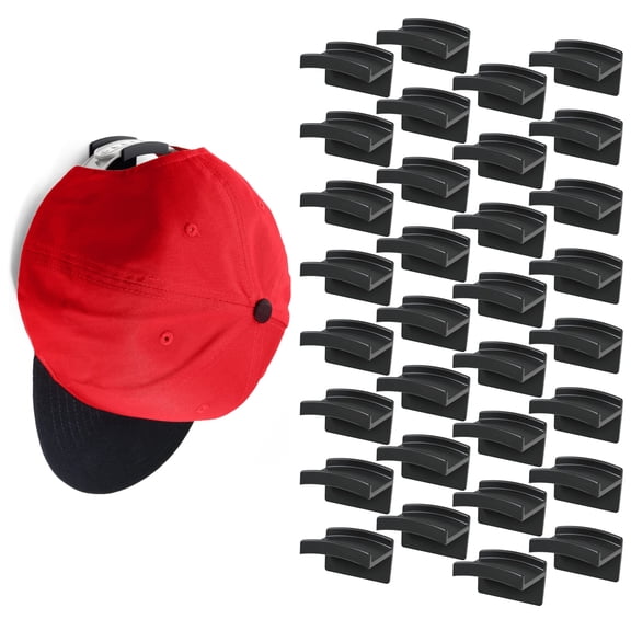 Adhesive Hat Hooks For Wall (32-pack) - Minimalist Rack Design No Drilling Strong Hold Hangers Usa Patented Black