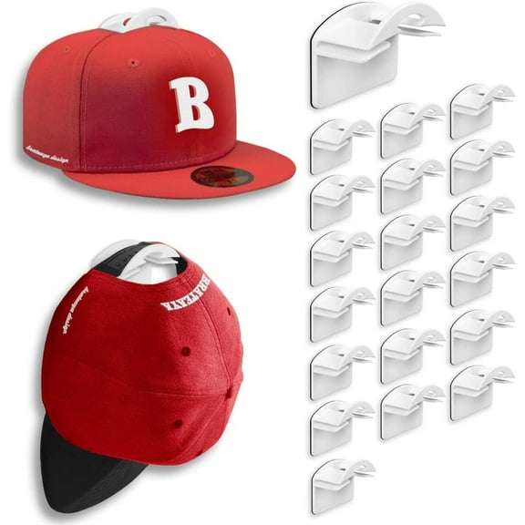 Adhesive Hat Hooks for Wall (20 Pack), Mens Hat Organizer for Baseball Caps, Fitted Hat Holder for Closet, Baseball Hat Display Rack, No Drilling Hat Wall Hanger, White