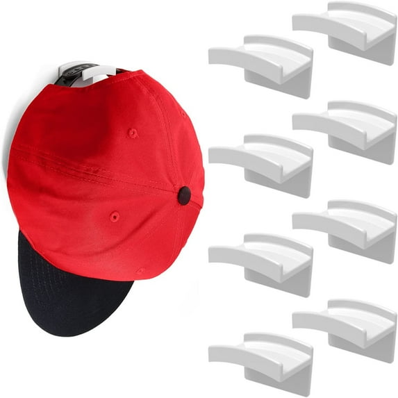 Adhesive Hat Hooks for Wall (10-Pack) - Minimalist Hat Rack Design, No Drilling, Strong Hold Hat Hangers -White