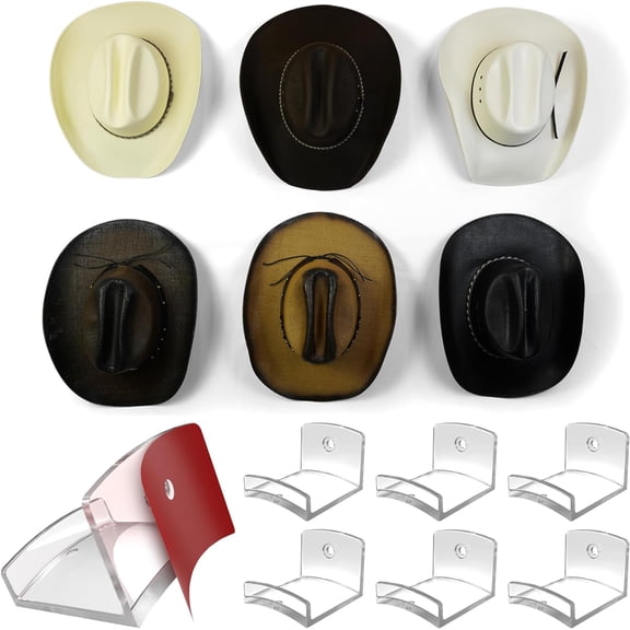 Adhesive Hat Hooks for Wall (6-Pack) - Cowboy Hat Rack, Wide Brim Hat Organizer, Strong Hold Hat Hangers for Wall - Black