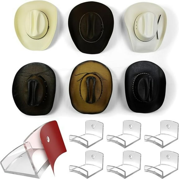 Adhesive Hat Hooks for Wall (6-Pack) - Cowboy Hat Rack, Wide Brim Hat Organizer, Strong Hold Hat Hangers for Wall - Clear
