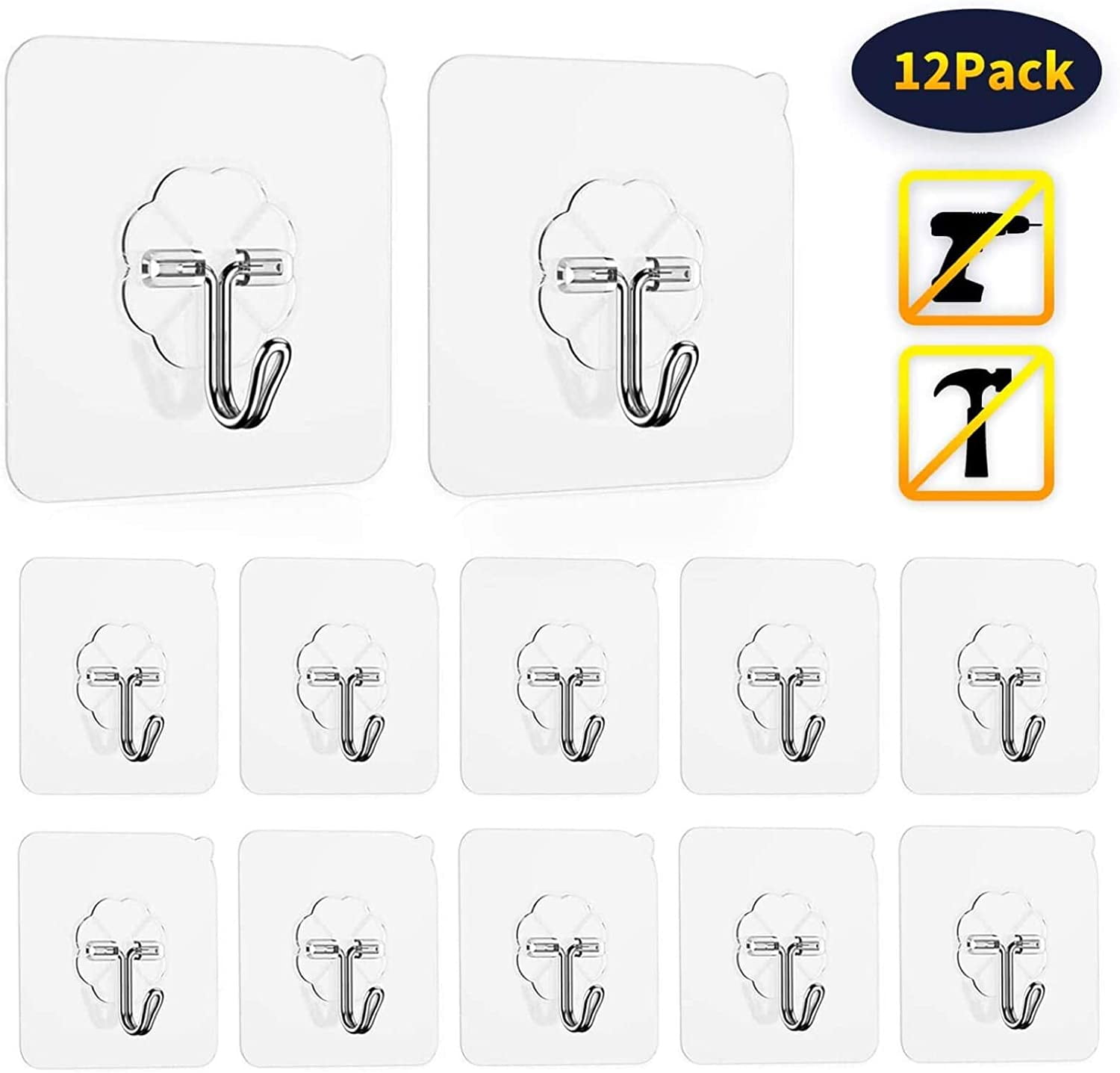 DKHDBD Large Adhesive Hooks, 16-Pack Hold 44lb(Max) Heavy Duty Sticky  Hooks, Waterproof Transparent Hooks for Hanging, Self-Adhesive Traceless  Clear