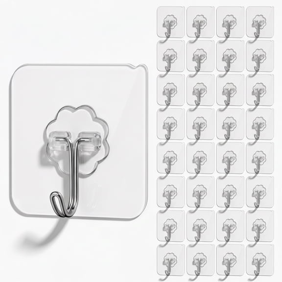 Adhesive Hooks, 32 Pack Sticky Hooks, Transparent Reusable Removable Adhesive Hooks for Hanging, Wall Hooks for Hanging Can be Use for Kitchen Bathroom Shower Outdoor Home Improvement