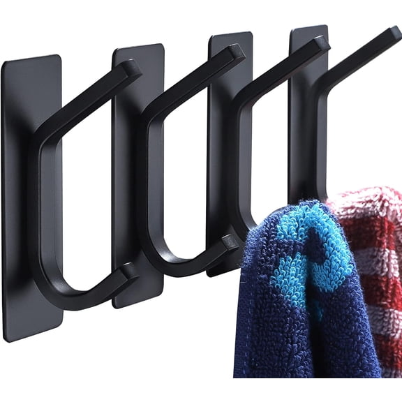 Adhesive Hooks - Black Wall Hooks Stick for Bathroom and Kitchen Heavy Duty Hooks 4-Pack, Stainless Steel