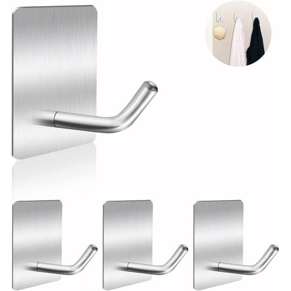 Adhesive Hooks Heavy Duty, Long Stainless Steel Self Adhesive Wall Hook, Sticky Towel Hangers for Kitchen Bathroom, Waterproof Stick on Door Hooks for Hanging Key Hat Coat 4Pack(Black)