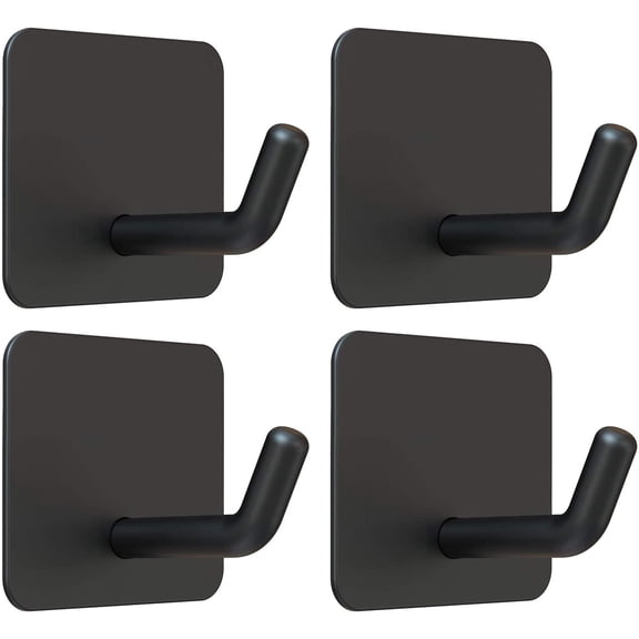 Adhesive Hooks, Heavy Duty Shower Wall Stick on Hooks, Waterproof, 2 Extra Adhesive Strips, Black, 4 Pcs