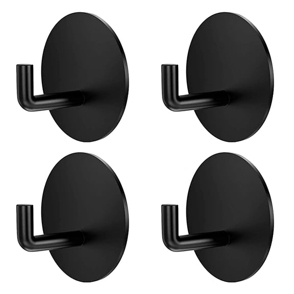 Adhesive Hooks Heavy Duty Waterproof in Shower Hooks for Hanging Loofah, Towels, Clothes, Robes for Bathroom Removable Adhesive Wall Hooks Door Hook Stainless Steel Black Stick on Hooks 4 Pcs