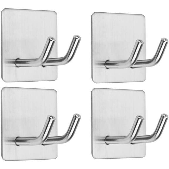 Adhesive Hooks, Stainless Steel Razor Holder Towel Hook for Bathroom Heavy Duty Wall Hooks Waterproof Hangers Kitchen Bedroom,Stick on Robe Hooks Anti-Skid Double Hanging Robe 4-Pack
