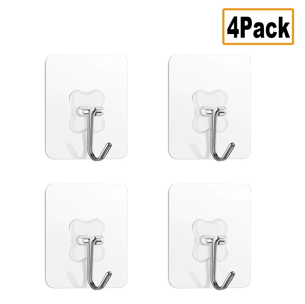 Adhesive Hooks Utility Hooks - 4 Packs 22lbs Heavy Duty Wall Hooks Waterproof Reusable Seamless Sticky Hook for Bathroom Kitchen Wall Door Ceiling and
