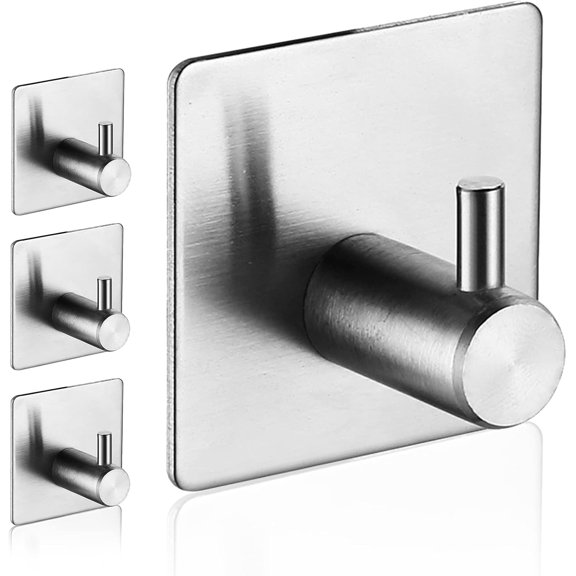 Adhesive Hooks, Waterproof Adhesive Shower Hanger Hooks for Hanging Loofah, Sponge, Robes Stainless Steel Stick on Shower Hooks for Bathrom Brush Nickel Removable Sticky Wall Hooks 4 Pcs
