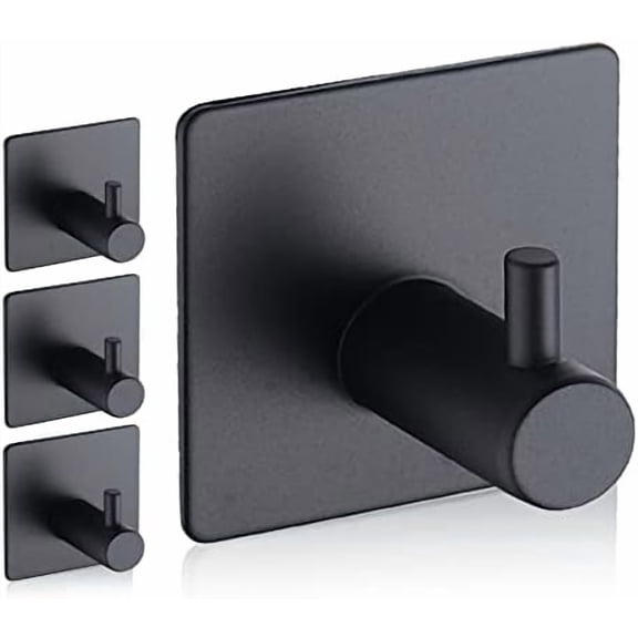 Adhesive Hooks, Waterproof Adhesive Shower Hanger Hooks for Hanging Loofah, Sponge, Towels, Robes Stainless Steel Stick on Shower Hooks for Bathrom Black Removable Sticky Wall Hooks 4 Pcs