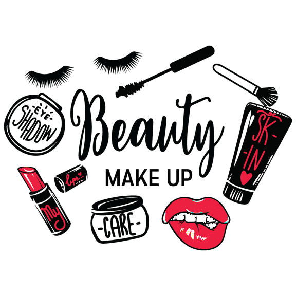 Adhesive Kids Room Beauty Make Up Lettering Art Multicolored Home Living Room Wall Decal Sticker - 19" x 28" Girls Bedroom Girly Art Women's Cosmetics Makeup Design Removable Wall Decoration