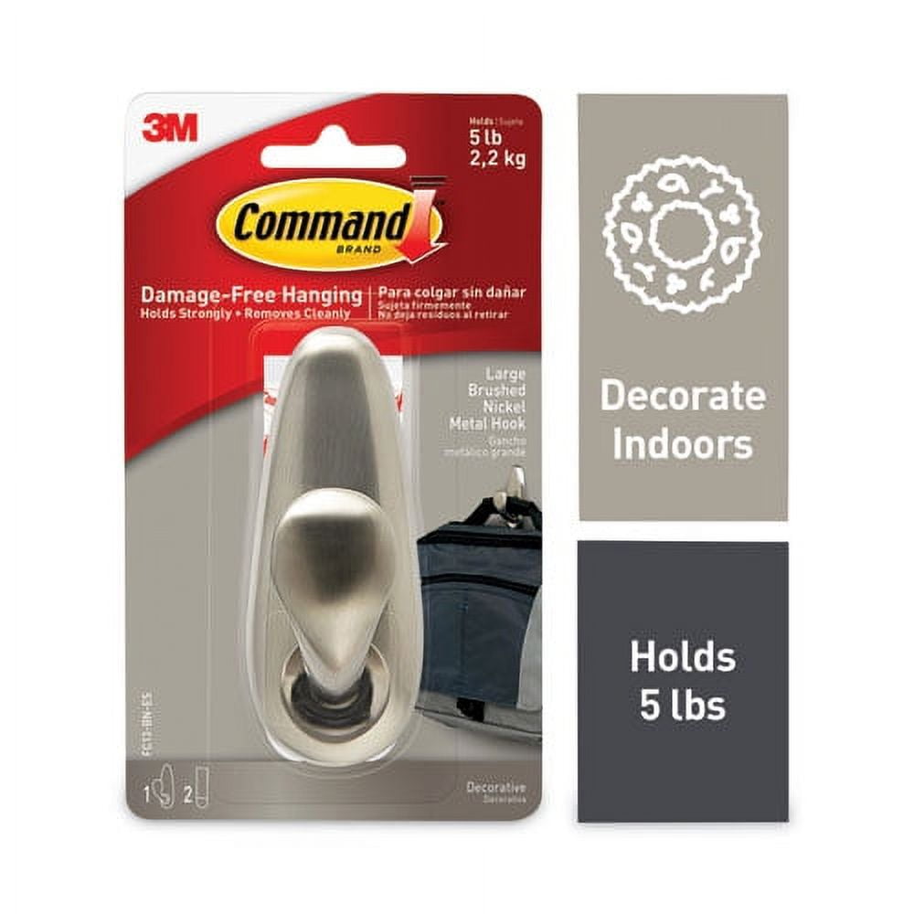 Adhesive Mount Metal Hook, Large, Brushed Nickel Finish, 1 Hook And 2 Strips/pack | Bundle of 2 Packs