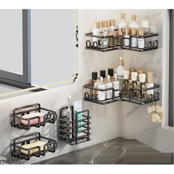 Adhesive Mount Shower Caddy Shelves 5 Pack, Include 2 Shower Corner Storage Basket, Toothbrush & Soap Holder, No Drilling Large Capacity Organizers for Bathroom, Home & Kitchen, Matte Black