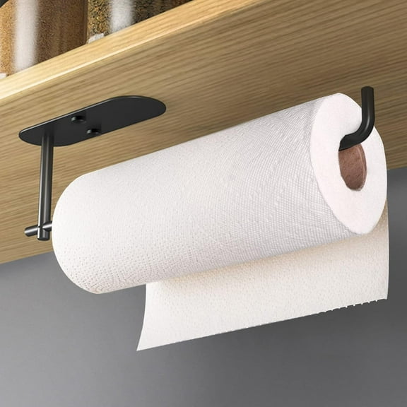 Adhesive Paper Towel Holder Under Cabinet Wall Mount for Kitchen Paper Towel, Stainless Steel Paper Towel Roll Rack for Bathroom Towel (13 1/5inch, Black)