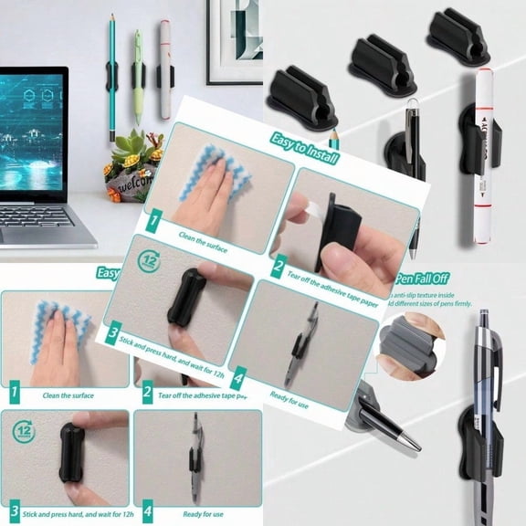 Adhesive Pen Holder for Wall Pencil Holder for Desk Organizer 6Pack Silicone Pen Holders for Clipboard Marker Holder Sticky Pen Holder for Desk Office Teacher plies Stylus Holder 6 black