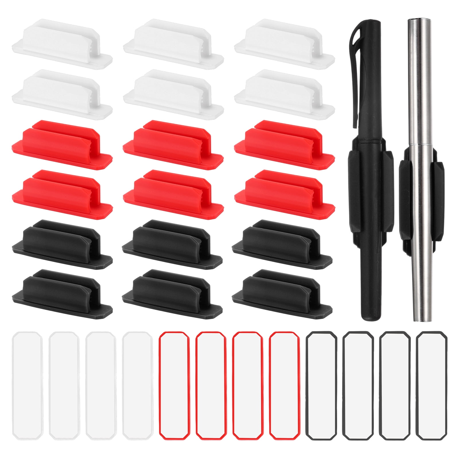 Adhesive Pen Holders, 48 Pack Silicone Flexible Pencil Holder Marker Clip Organizer for Walls, Clipboards, Writing Boards, Office, Car, Desk Accessories, Black/White/Red