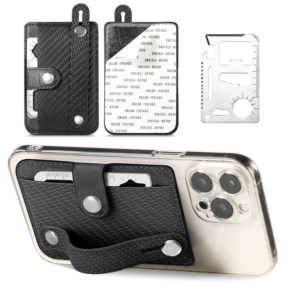 Adhesive Phone Wallet Case with Card Slots and Zipper Pocket, Leather Card Holder for Mobile Phones, Magnetic Stand and Vehicle Mount Compatible
