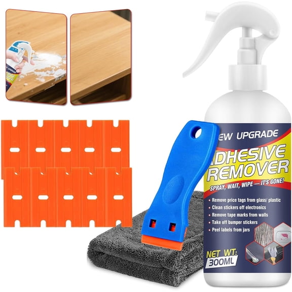 Adhesive Remover Spray, 10.14Floz Car Sticker Super Glue Remover, Rapid Gone with Plastic Razor Blade Scraper, Window Tint Removal Kit for Labels, Decals, Tape Residue, Gum