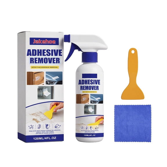 Adhesive Remover Spray 4 FL OZ with Scraper & Cleaning Cloth, Sticker Glue Residue Remover for Tape, Label, Sticker, Gum, Decal, Safe for Car, Glass, Wood, Plastic Surfaces.