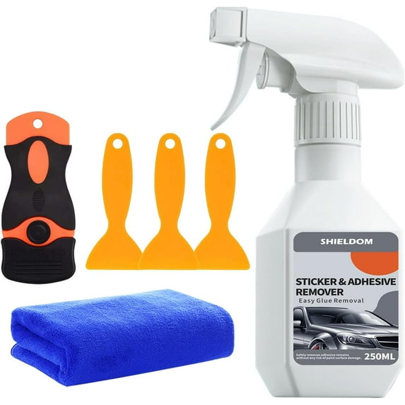 Adhesive Remover Spray Surface Safe Sticker Removal Rapidly Removes Glue Remains Labels Decals Chewing Gum Residue Tape Set of Plastic Razor Blade Scraper, 3X Spatula & Towel - 8.45oz