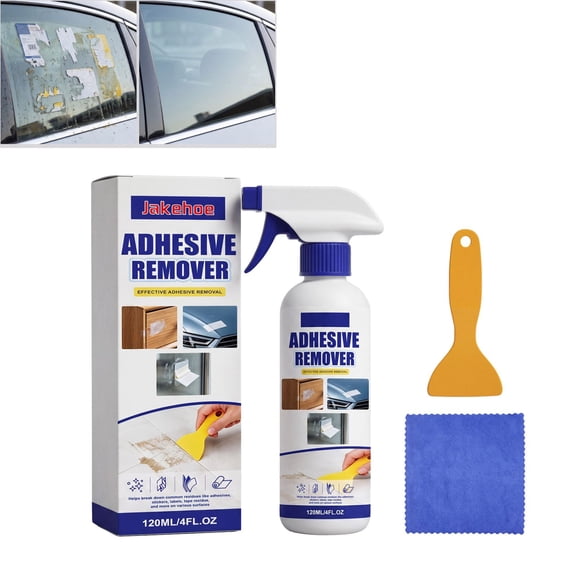Adhesive Remover Sticker Removal with Plastic Scraper and Cleaning Cloth, Fast Acting Formula for Removing Adhesives, Labels, Glue, Residue, Tape, Decals from Glass, Floors & Cars 4FL.oz