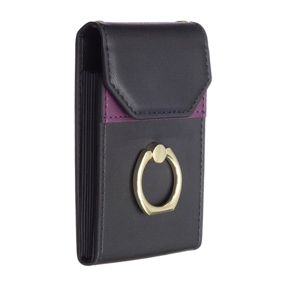 Adhesive Ring Holder Phone Pocket, Cell Phone Stick On Card Holder Wallet Sleeve, PU Leather Credit Cards/ID Card Holder with Sticker for Back of Phone - Black
