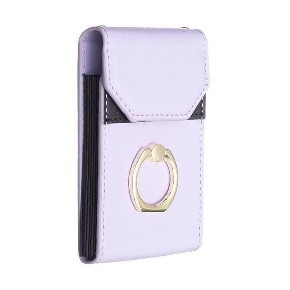 Adhesive Ring Holder Phone Pocket, Cell Phone Stick On Card Holder Wallet Sleeve, PU Leather Credit Cards/ID Card Holder with Sticker for Back of Phone - Purple