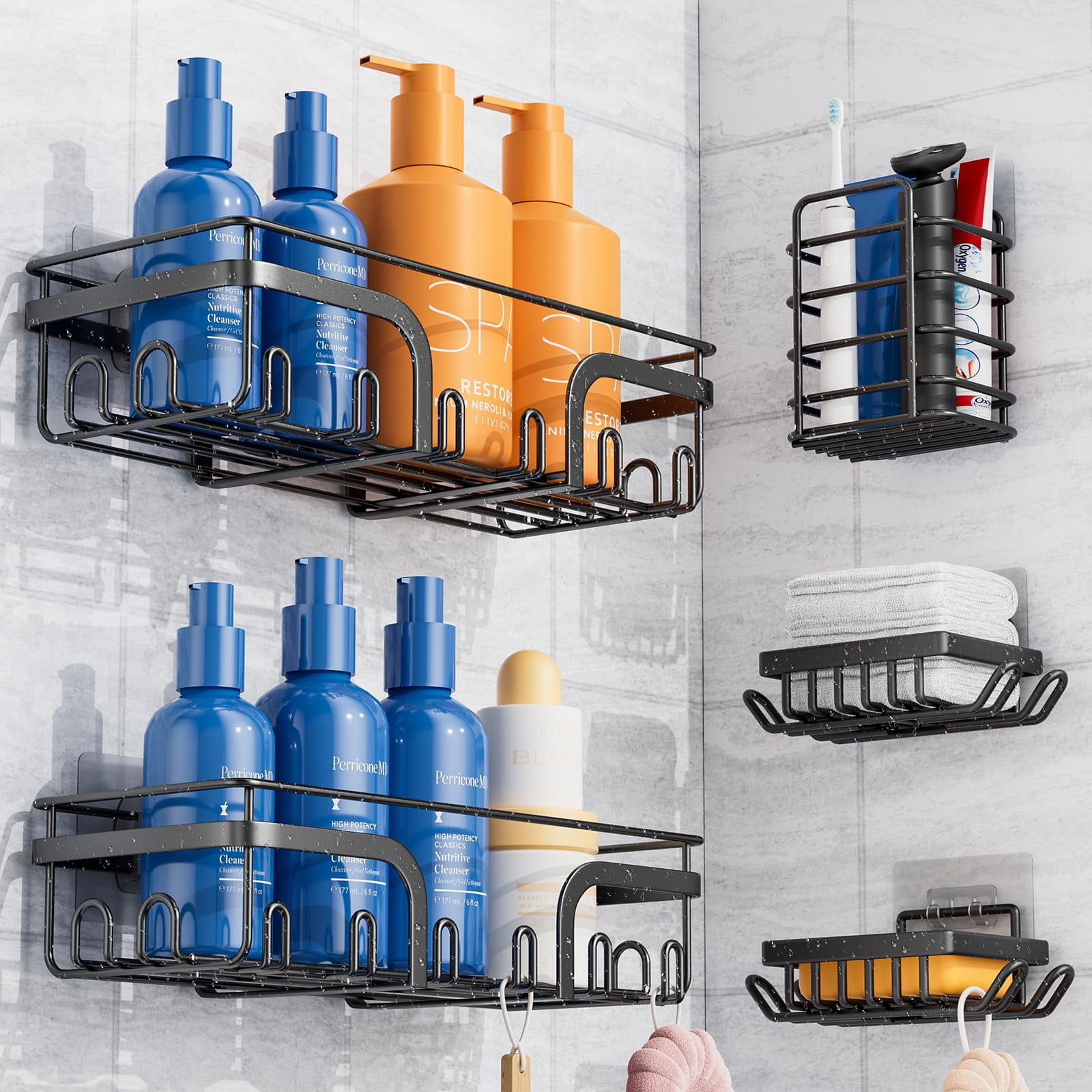 Adhesive Shower Caddy, 5 Pack No Drilling Shower Shelves, Rustproof Stainless Steel Bath Shower ...