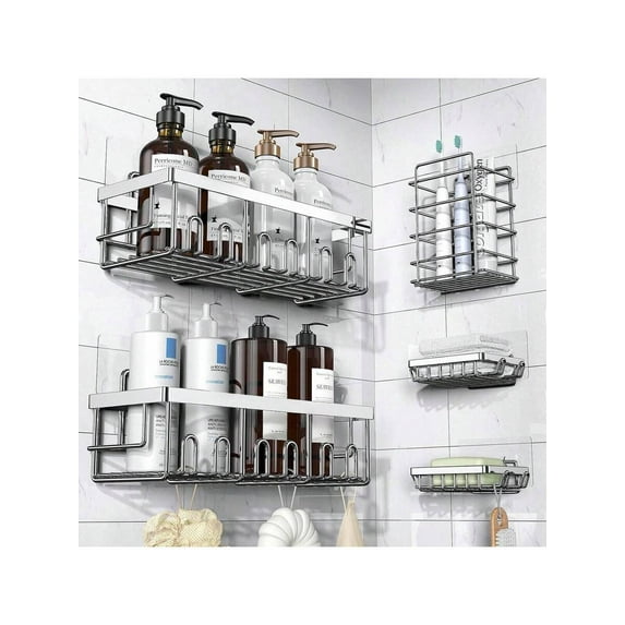 Adhesive Shower Caddy, 5 Pack Rustproof Stainless Steel Bath Organizers With Large Capacity, No Drilling Shelves For Bathroom Storage & Home Decor