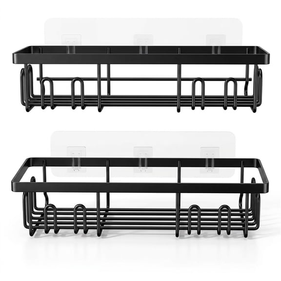 Adhesive Shower Caddy, Shower Shelves with 16 Hooks, Rustproof Shelf Wall Corner Racks for Inside Bath, No Drilling & Sleek Bathroom Organizers and Storage Caddies Soap Holder, 2 Pack