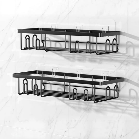 Adhesive Shower Caddy, Shower Shelves with 16 Hooks, Rustproof Shelf Wall Corner Racks for Inside Bath, No Drilling & Sleek Bathroom Organizers and Storage Caddies Soap Holder, 2 Pack