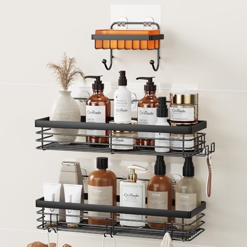 Adhesive Shower Caddy Soap Dish Holder Shelf with 5 Hooks Bathroom ...