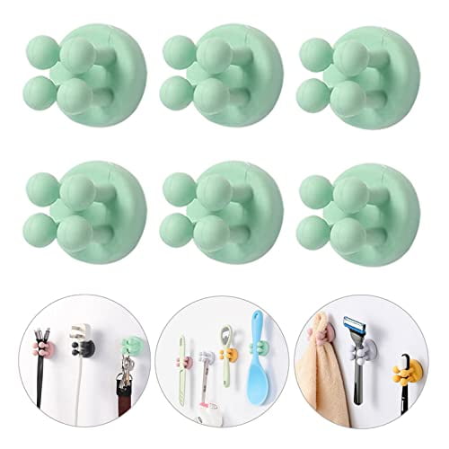 Adhesive Silicone Toothbrush Holder - 6Pcs Multi-Function Waterproof Wall Mounted Single Hook for Hanging Tooth Brushing,Utility Plug Holder for Bathroom Kitchen Living Room Office,Green