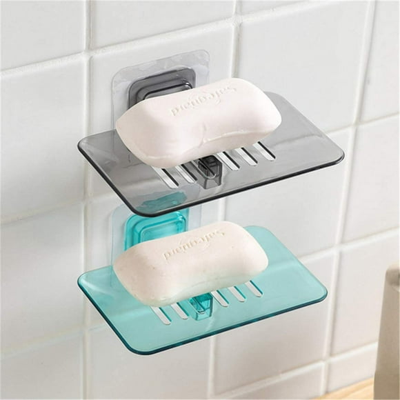 Adhesive Soap Dish Individual Layers Plastic Wall Mounted Soap Dish with Stong Suction Cup, Without Drilling Soap Holder (Green)