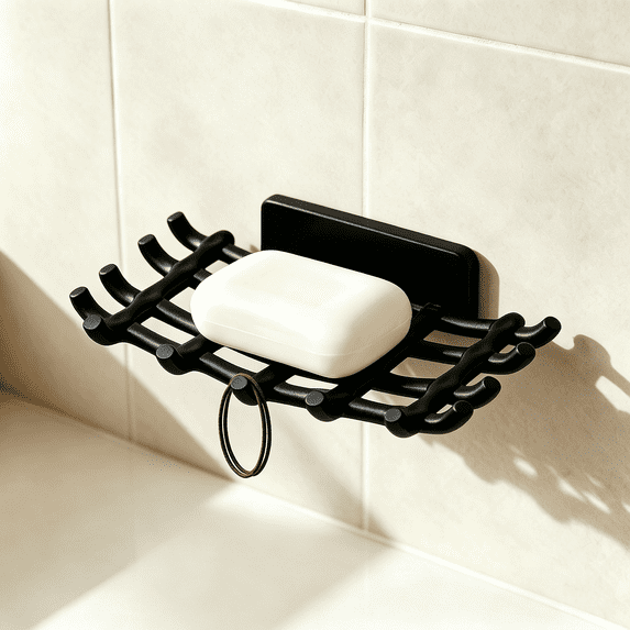 Adhesive Soap Holder with Hooks - No Drilling Soap Dish for Shower Wall, Bathroom Organizer Rack with Drainage Tray for Sink or Bathtub - Plastic Soap Saver for Razor Storage, 1 Pack