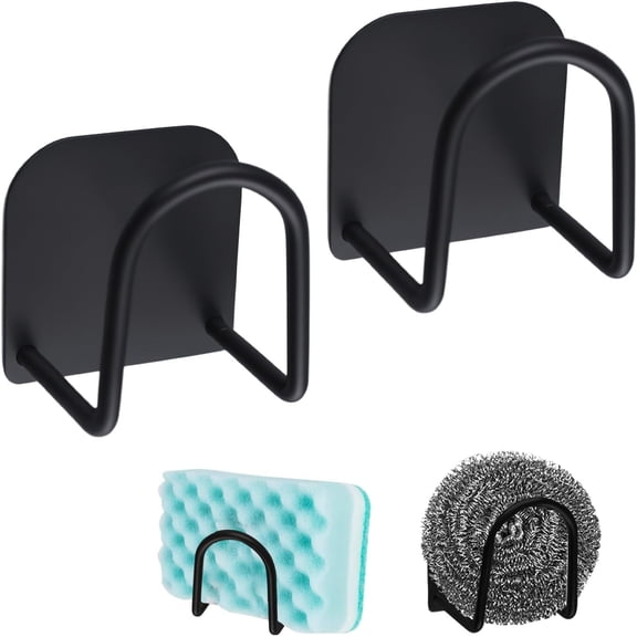 Adhesive Sponge Holder, 2pcs Stainless Steel Dish Sponge Holders Rounded Storage Rack for Sink Soap Sponges Premium Rustproof Hangers Kitchen Accessories/Black