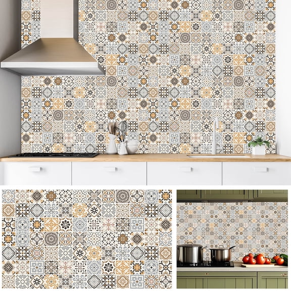 Adhesive Tile Art Wall Stickers, Waterproof DIY Decorative Peel and Stick Kitchen Bathroom Tiles, European Style High-Temperature Decorative Wall Decals for Home, Office, Apartment Renovation Use-A