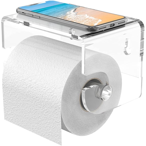 Adhesive Toilet Paper Holder with Shelf, Bathroom Toilet Paper Roll Stand, Wall Mounted Tissue Storage Holder, Acrylic Bathroom Accessories, with 3M Self Adhesive No Drilling (Clear)