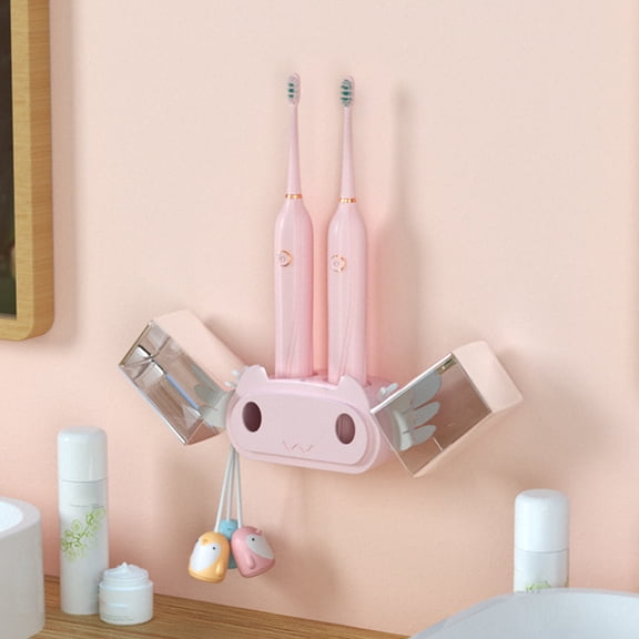 Adhesive Toothbrush Wall Mounted Hanger, Bathroom Organizer with 2 Holders & 2 Hooks, No-Drill Installation, Easy to Clean, Keeps Toothbrushes Dry