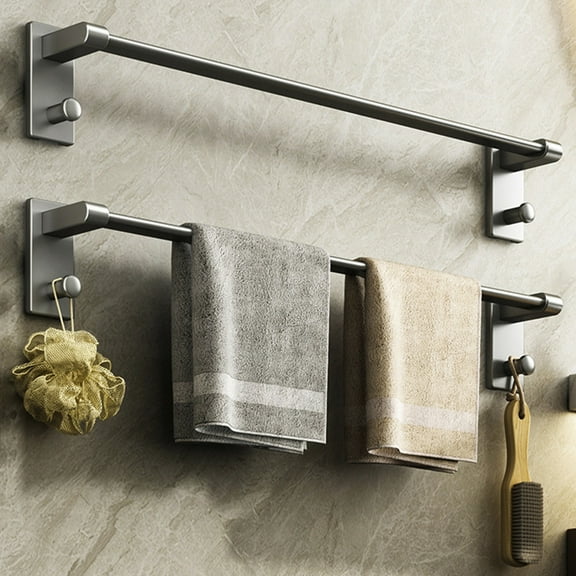 Towel Bar 20 Inch Aluminum Stick-On Bathroom Towel Rack | Wall Mounted No Drilling Installation | Space Saving Organizer | 2 Removable Hooks | Gray | 19.7x3.5x2.6in | Durable Rustproof