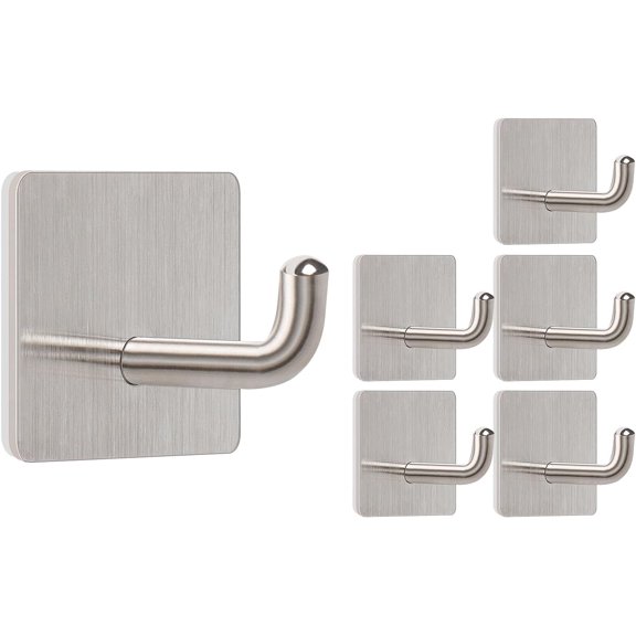 Adhesive Towel Hooks, 304 Stainless Steel Self Sticky Wall Hooks Waterproof Shower Hooks for Robe/Clothes, No Drilling Towel Hangers for Bathroom Kitchen Bedroom (Brushed Nickel, 6 Packs)