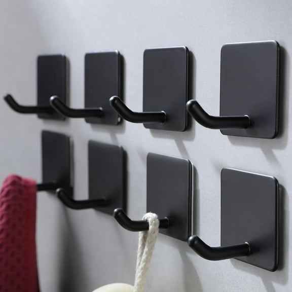 Adhesive Towel Hooks - 8 Pack Towel Hooks for Hanging Robes Coat Hooks Stick on Wall Hooks Stainless Steel, Matte Black