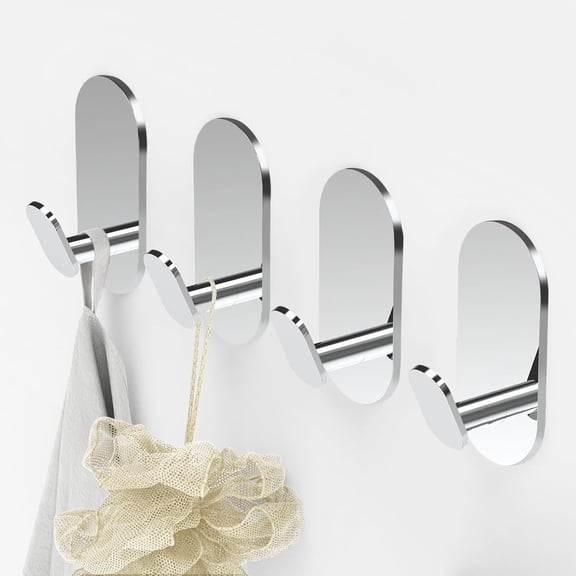 Adhesive Towel Hooks for Bathrooms 4 Pack Polished Chrome Stainless Steel and Zinc Alloy Sticky Wall Hooks for Hanging Heavy Duty Self Adhesive Robe Shower Hanger for Kitchen, Closet, Cabinet, Door