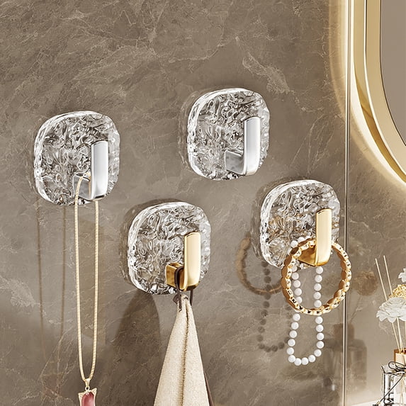 Adhesive Towel Hooks, Pack of 4 for Bathrooms, Shower, No-Drilling, Stylish Clear Wall Hooks, Stick on Towel Rack, Adhesive Hanger for Kitchen, Door, Key, Gold