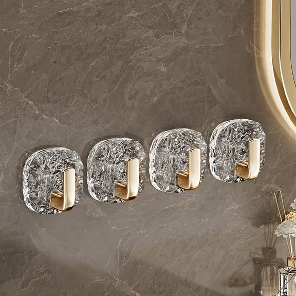 Adhesive Towel Hooks, Pack of 4 for Bathrooms, Shower, No-Drilling, Stylish Clear Wall Hooks, Stick on Towel Rack, Adhesive Hanger for Kitchen, Door, Key, Gold