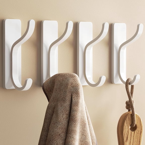 Adhesive Wall Coat Hooks - Heavy Duty Stick-On Door Hanger, Metal Hook for Hanging Towel,Purse, Robe, Backpack, Jacket, Clothes - for Bathroom,Dorm, Closet, Kitchen - White, 4 Pack