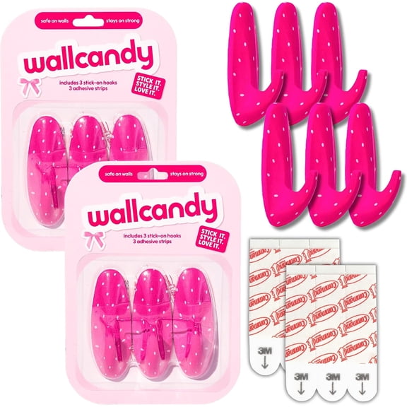 Adhesive Wall Hanging Hooks | 2 Pack | Pink Dot Cute Print Wall Hooks with Heavy Duty Sticky Strips that Hold Up to 3lbs, Easy to Install Hanging Hook for Walls (Pink Dot)