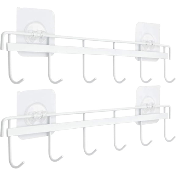 YiZhi Adhesive Wall Hooks Rack Kitchen Rail, Space Saving Utensil Holder No Drilling Wall Mounted Accessory Hanger with 6 Hooks for Kitchen Bathroom Bedroom Pack of 2 (White)